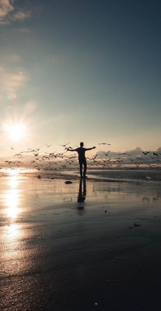 Personne pleinement épanouie les bras ouvert sur le bord de l'eau entouré de la nature